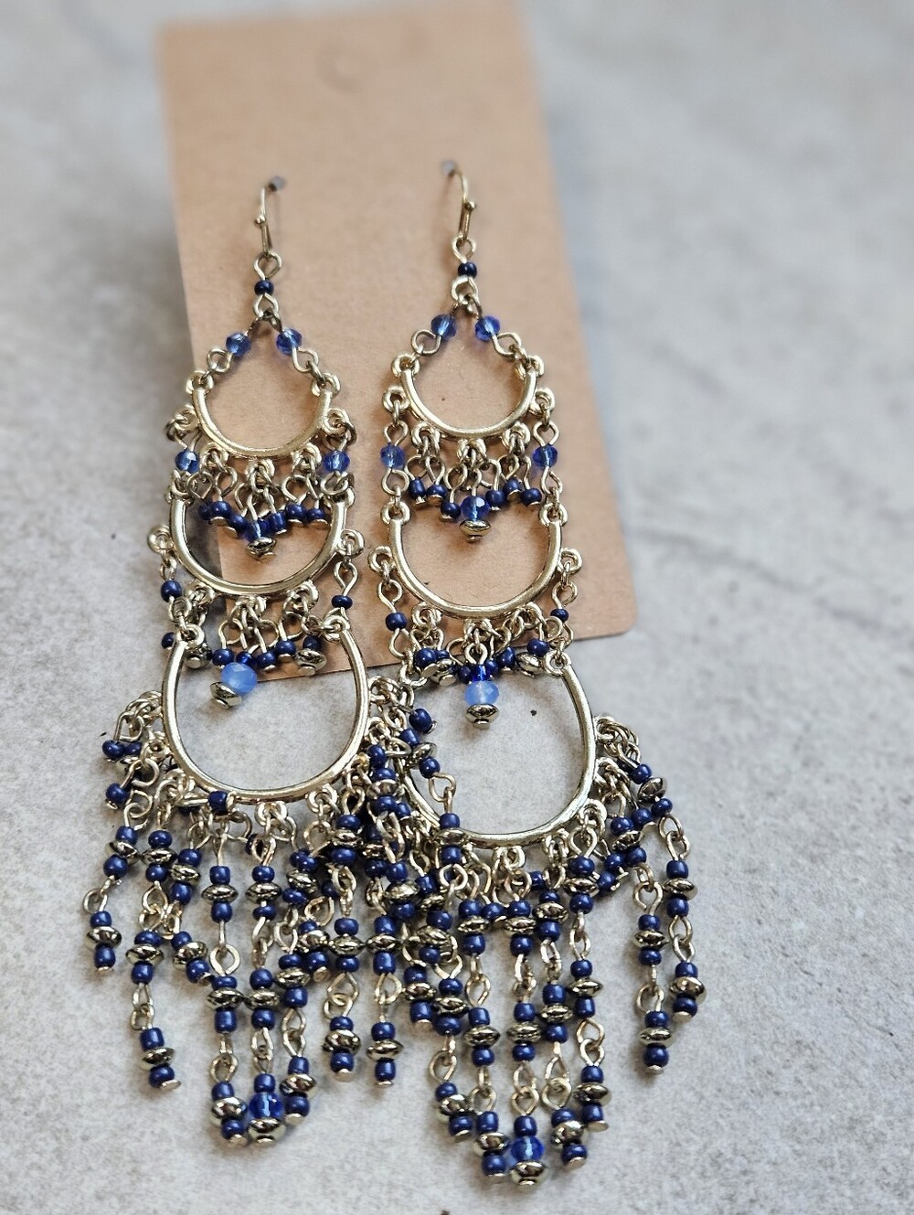 Gold-Tone Blue Beaded Chandelier Earrings